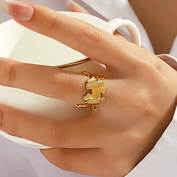 Fashion Stainless Steel Leaf Ring Women's Popular Opening Adjustable Jewelry With Electroplating Treatment And Plant Flower Style