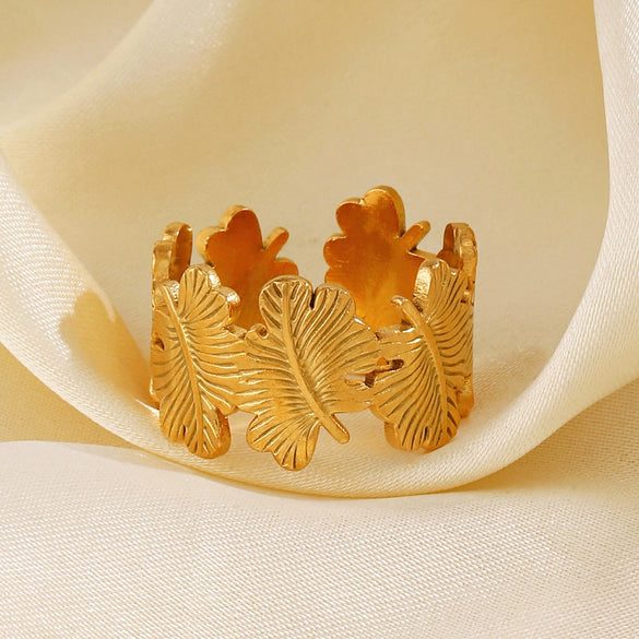 Fashion Stainless Steel Leaf Ring Women's Popular Opening Adjustable Jewelry With Electroplating Treatment And Plant Flower Style