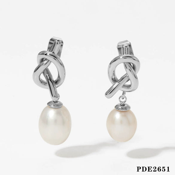 Fashion Stainless Steel Natural Freshwater Pearl Earrings With Geometric Design And Electroplating For Women