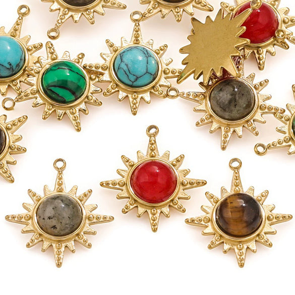 Fashion Stainless Steel Natural Stone Tiger Eye Stone Classic Eight Mans Star Element Titanium Steel Flower Pendant Electroplated 18K Gold Diy Necklace Earrings Accessories