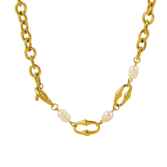 Fashion Stainless Steel Necklace For Women With Splicing Process And Pearl Chain Inlay And Electroplating Treatment