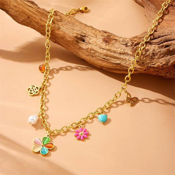 Fashion Stainless Steel Necklace With Colorful Resin Petals Daisy Hollow Butterfly Pearl Love Accessories And O Chain Electroplated Flower Pattern For Women