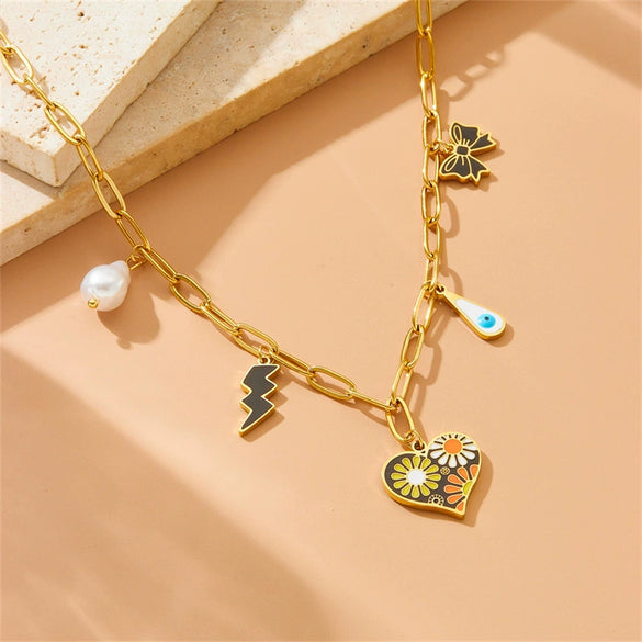Fashion Stainless Steel Necklace With Heart Shape Painted Oil Dropping Love Daisy Lightning Bow Pendant And O Chain Electroplating Design