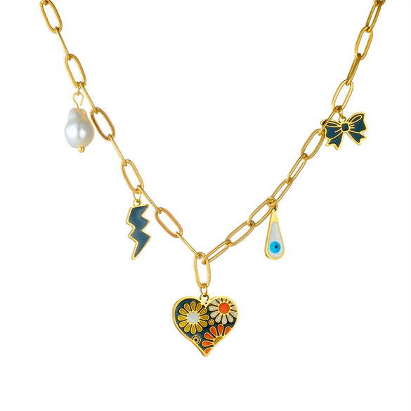 Fashion Stainless Steel Necklace With Heart Shape Painted Oil Dropping Love Daisy Lightning Bow Pendant And O Chain Electroplating Design