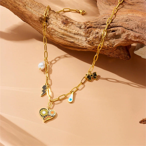 Fashion Stainless Steel Necklace With Heart Shape Painted Oil Dropping Love Daisy Lightning Bow Pendant And O Chain Electroplating Design