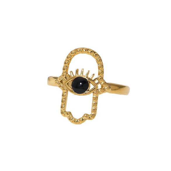 Fashion Stainless Steel Open Ring With Fatima's Hand And Devil's Eye 18K Gold Plated For Women Electroplated