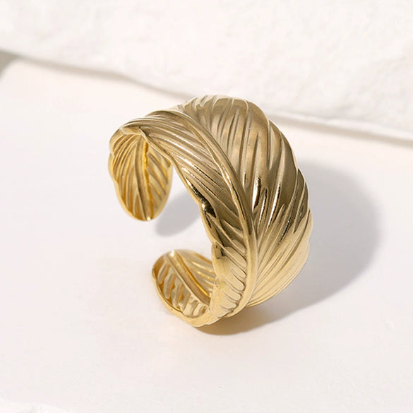 Fashion Stainless Steel Open Ring With Feather Design Non Fading Electroplated For Women