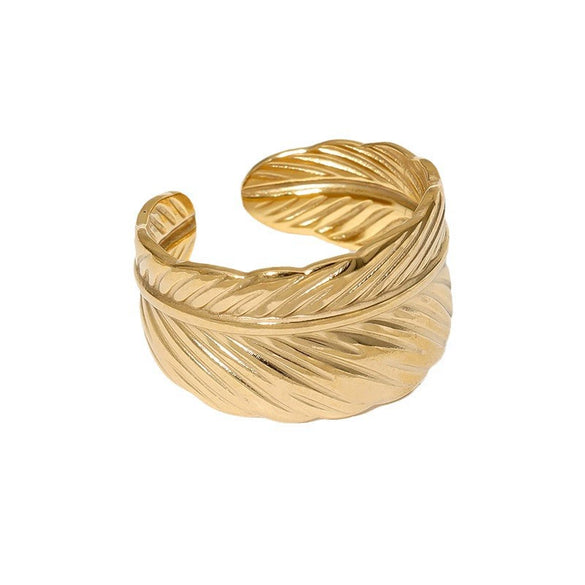 Fashion Stainless Steel Open Ring With Feather Design Non Fading Electroplated For Women