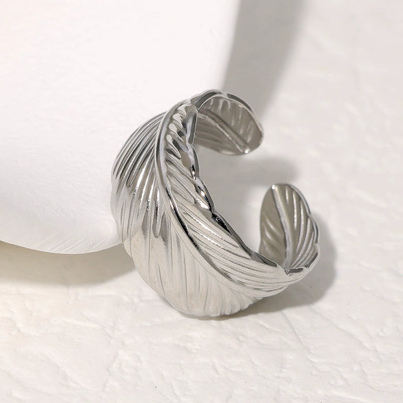 Fashion Stainless Steel Open Ring With Feather Design Non Fading Electroplated For Women