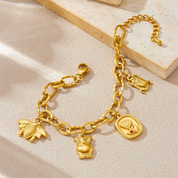 Fashion Stainless Steel Oshaped Chain Animal Cartoon Characters Pendant Bracelet With 18K Goldplated Electroplating For Women