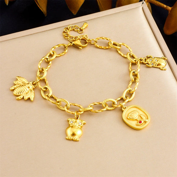 Fashion Stainless Steel Oshaped Chain Animal Cartoon Characters Pendant Bracelet With 18K Goldplated Electroplating For Women