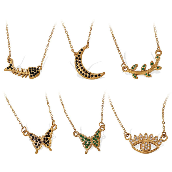 Fashion 316L Stainless Steel Pendant Necklace With Devil's Eye And Butterfly Moon Inlaid Rhinestone Electroplated