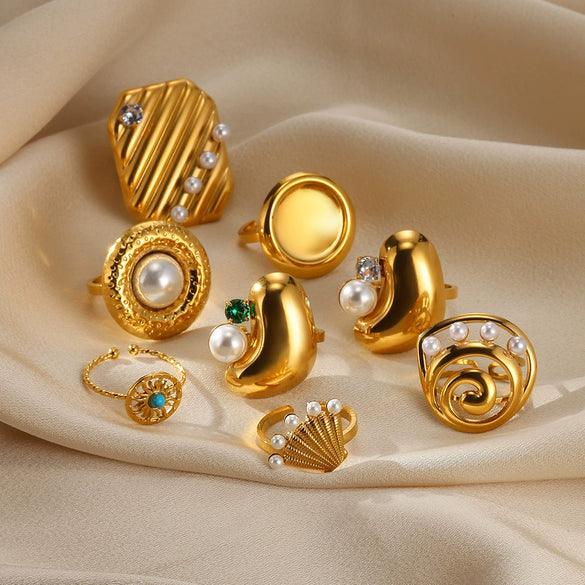 Fashion Stainless Steel Ring Inlaid With Imitation Pearl Wave U Shape Electroplated