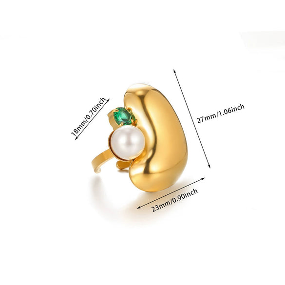 Fashion Stainless Steel Ring Inlaid With Imitation Pearl Wave U Shape Electroplated