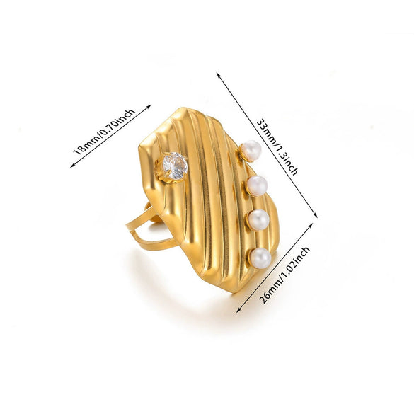 Fashion Stainless Steel Ring Inlaid With Imitation Pearl Wave U Shape Electroplated