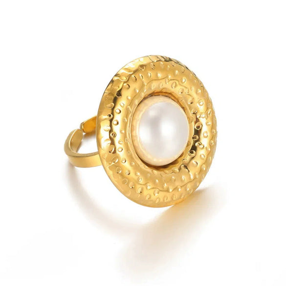 Fashion Stainless Steel Ring Inlaid With Imitation Pearl Wave U Shape Electroplated