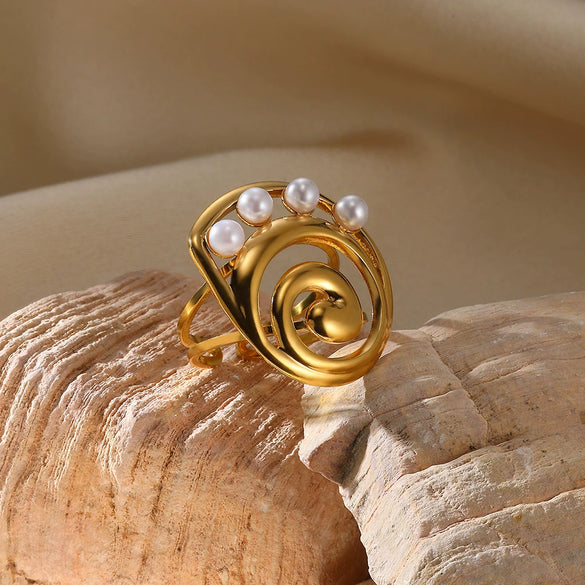 Fashion Stainless Steel Ring Inlaid With Imitation Pearl Wave U Shape Electroplated