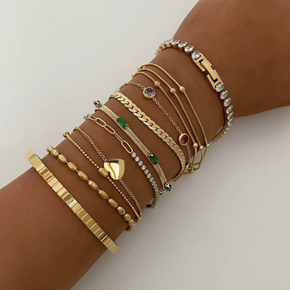 Fashion Stainless Steel Stacked Bracelet Set With Inlaid Zircon Love Pendant And Geometric Design Electroplated For Women