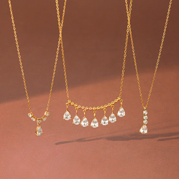 Fashion Stainless Steel Teardrop Pendant Necklace With Zircon Inlay Geometric Ins Style Vacuum Plated Light Luxury Jewelry