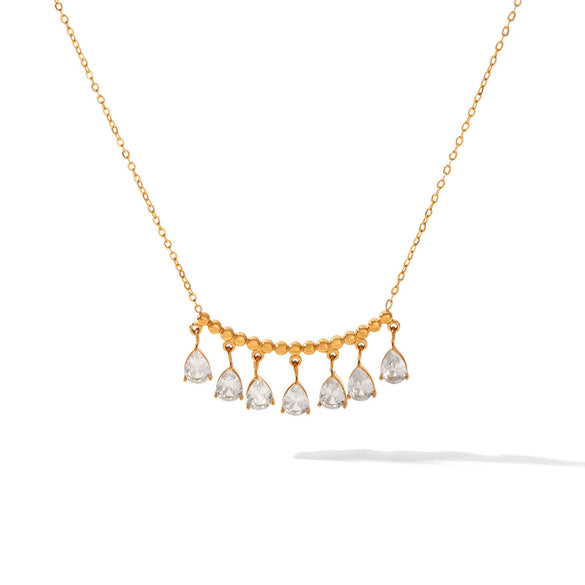 Fashion Stainless Steel Teardrop Pendant Necklace With Zircon Inlay Geometric Ins Style Vacuum Plated Light Luxury Jewelry