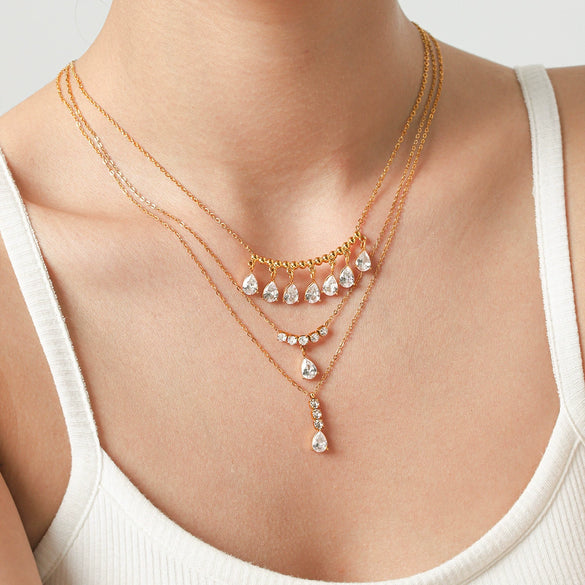 Fashion Stainless Steel Teardrop Pendant Necklace With Zircon Inlay Geometric Ins Style Vacuum Plated Light Luxury Jewelry