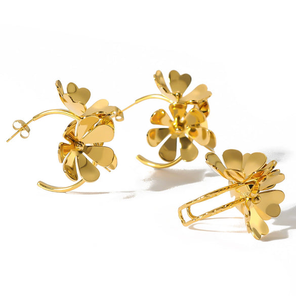 Fashion Stainless Steel Three Dimensional Flower Opening Ring Earrings 18K Furnace Vacuum Plated Jewelry For Women