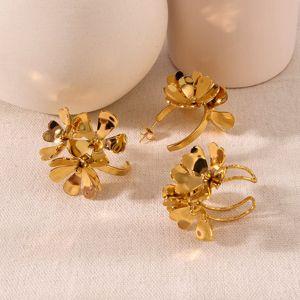 Fashion Stainless Steel Three Dimensional Flower Opening Ring Earrings 18K Furnace Vacuum Plated Jewelry For Women