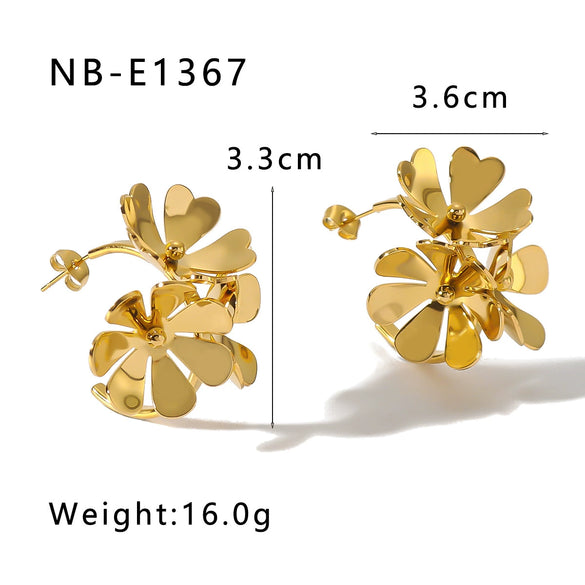 Fashion Stainless Steel Three Dimensional Flower Opening Ring Earrings 18K Furnace Vacuum Plated Jewelry For Women