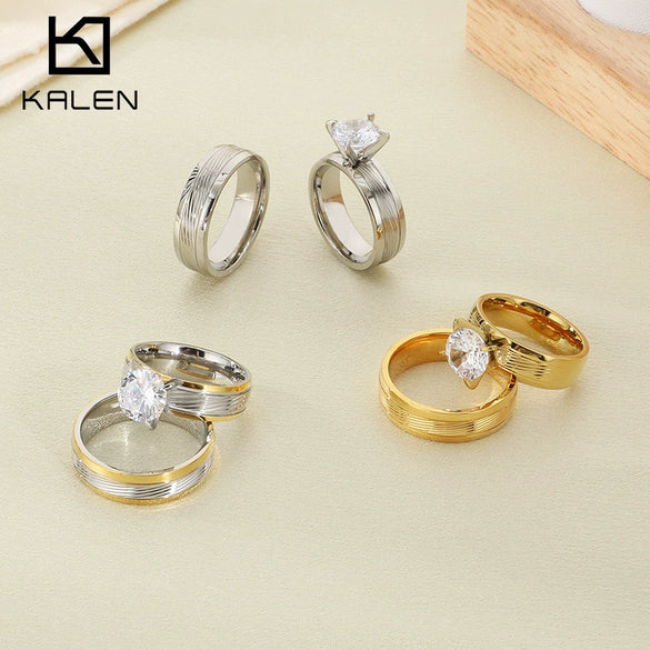 Fashion Stainless Steel Zircon Fourclaw Ring Set With Diamonds Geometric Style For Women And Couples