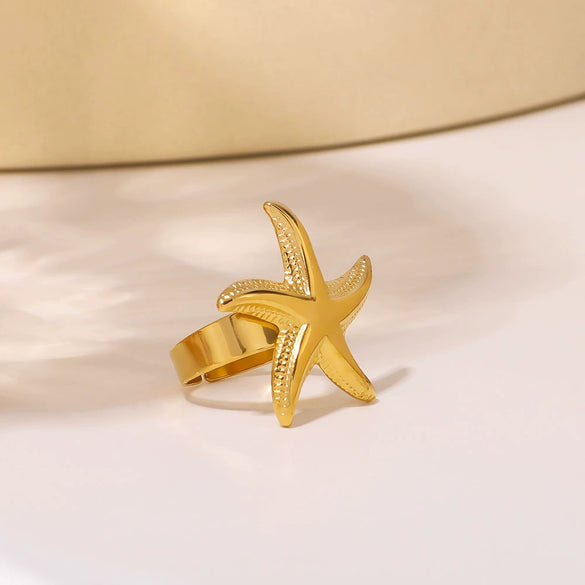 Fashion Starfish Beach Ocean Style Stainless Steel Open Ring With Geometric Pattern And 18K Gold Electroplating For Women