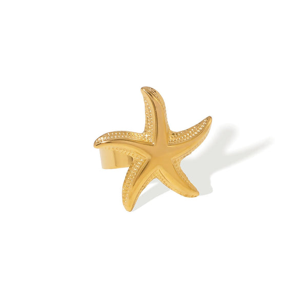 Fashion Starfish Beach Ocean Style Stainless Steel Open Ring With Geometric Pattern And 18K Gold Electroplating For Women