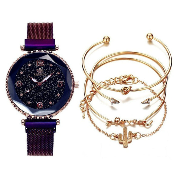 Fashion Starry Sky Gradient Women's Alloy Case Pu Strap Quartz Watch And Bracelet Bangle Set With Stainless Steel Magnet Buckle
