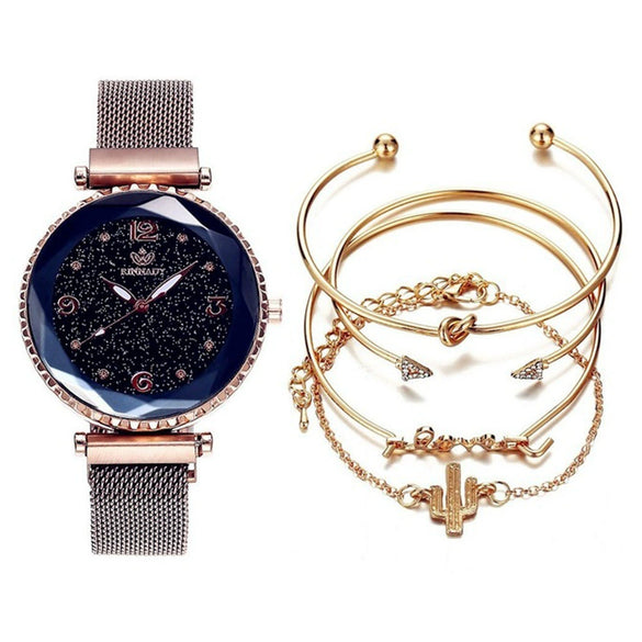 Fashion Starry Sky Gradient Women's Alloy Case Pu Strap Quartz Watch And Bracelet Bangle Set With Stainless Steel Magnet Buckle