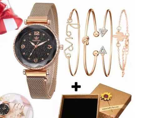 Fashion Starry Sky Gradient Women's Alloy Case Pu Strap Quartz Watch And Bracelet Bangle Set With Stainless Steel Magnet Buckle