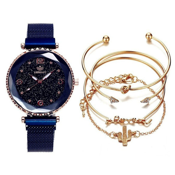 Fashion Starry Sky Gradient Women's Alloy Case Pu Strap Quartz Watch And Bracelet Bangle Set With Stainless Steel Magnet Buckle