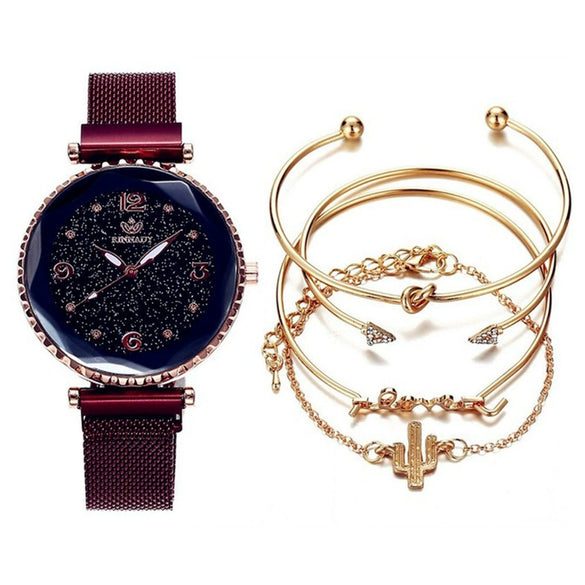 Fashion Starry Sky Gradient Women's Alloy Case Pu Strap Quartz Watch And Bracelet Bangle Set With Stainless Steel Magnet Buckle