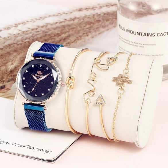 Fashion Starry Sky Gradient Women's Alloy Case Pu Strap Quartz Watch And Bracelet Bangle Set With Stainless Steel Magnet Buckle