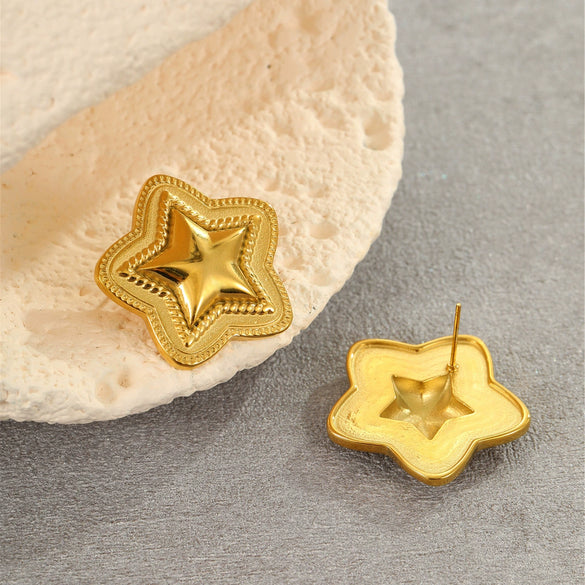Fashion Starshaped Titanium Steel And Stainless Steel Earrings Plated With Real Gold