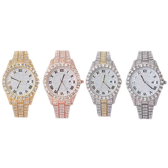 Fashion Steel Belt Watch With Starry Diamond Roman Scale Calendar Round Dial Alloy Case Stainless Steel Buckle