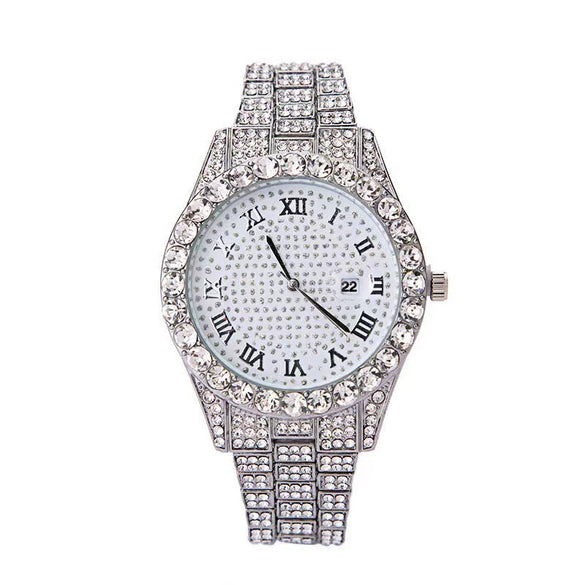 Fashion Steel Belt Watch With Starry Diamond Roman Scale Calendar Round Dial Alloy Case Stainless Steel Buckle
