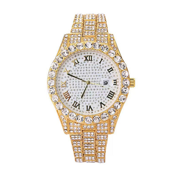 Fashion Steel Belt Watch With Starry Diamond Roman Scale Calendar Round Dial Alloy Case Stainless Steel Buckle