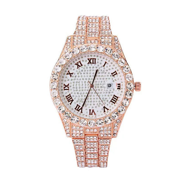Fashion Steel Belt Watch With Starry Diamond Roman Scale Calendar Round Dial Alloy Case Stainless Steel Buckle
