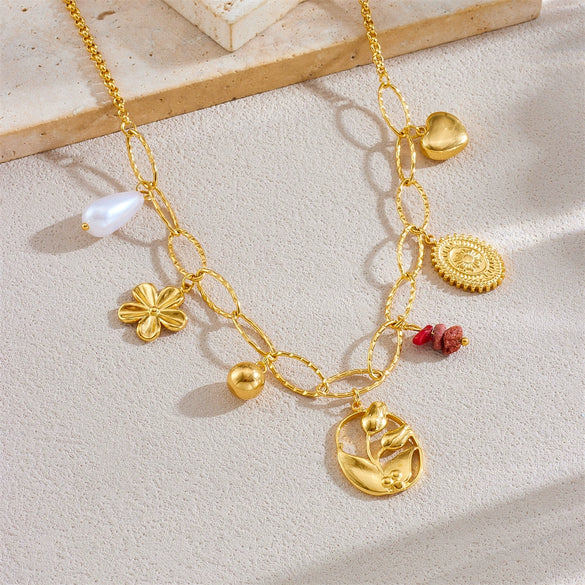 Fashion Style Gold Plated Stainless Steel Flower Oval Pendant Necklace