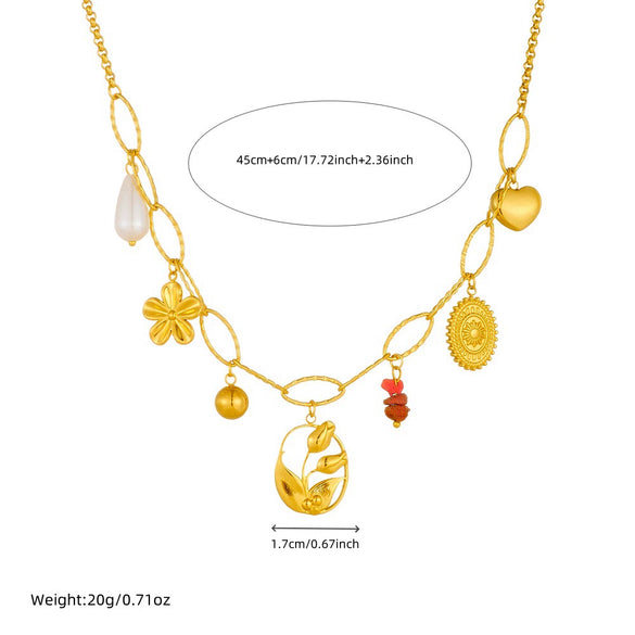 Fashion Style Gold Plated Stainless Steel Flower Oval Pendant Necklace