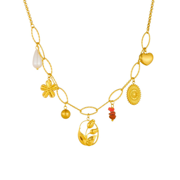 Fashion Style Gold Plated Stainless Steel Flower Oval Pendant Necklace