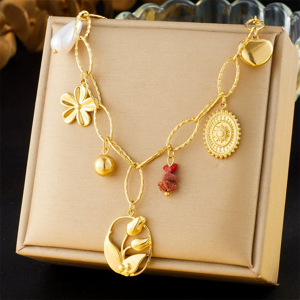 Fashion Style Gold Plated Stainless Steel Flower Oval Pendant Necklace