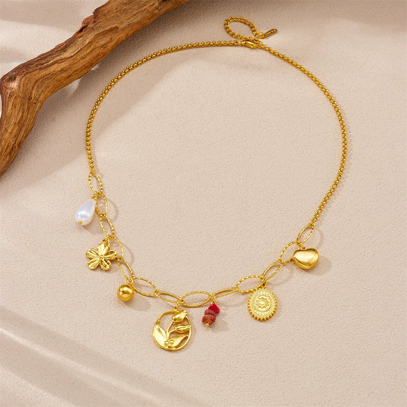 Fashion Style Gold Plated Stainless Steel Flower Oval Pendant Necklace
