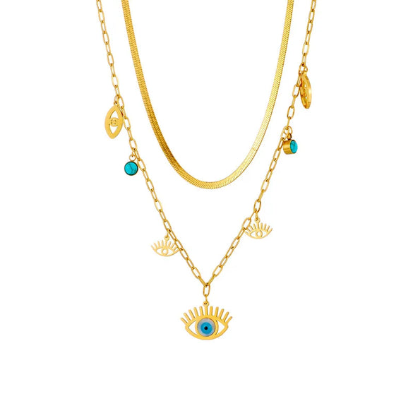 Fashion Sun Eye Titanium Steel Plating Inlay Turquoise Layered Necklaces