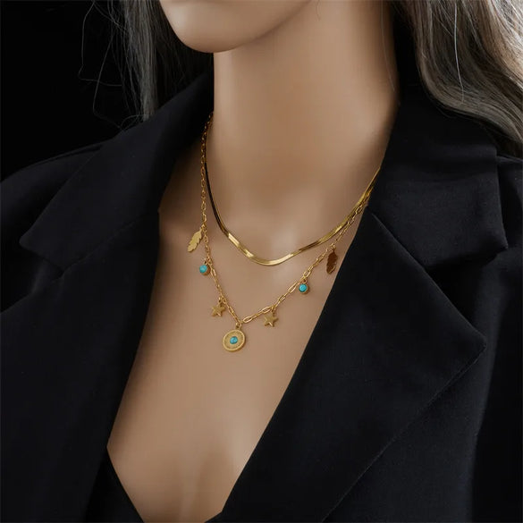 Fashion Sun Eye Titanium Steel Plating Inlay Turquoise Layered Necklaces