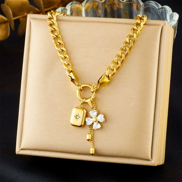 Fashion Sweet And Cool Stainless Steel Jewelry Set With Diamondencrusted Flower Star Square Pendant Tassel Chain And Electroplating Design